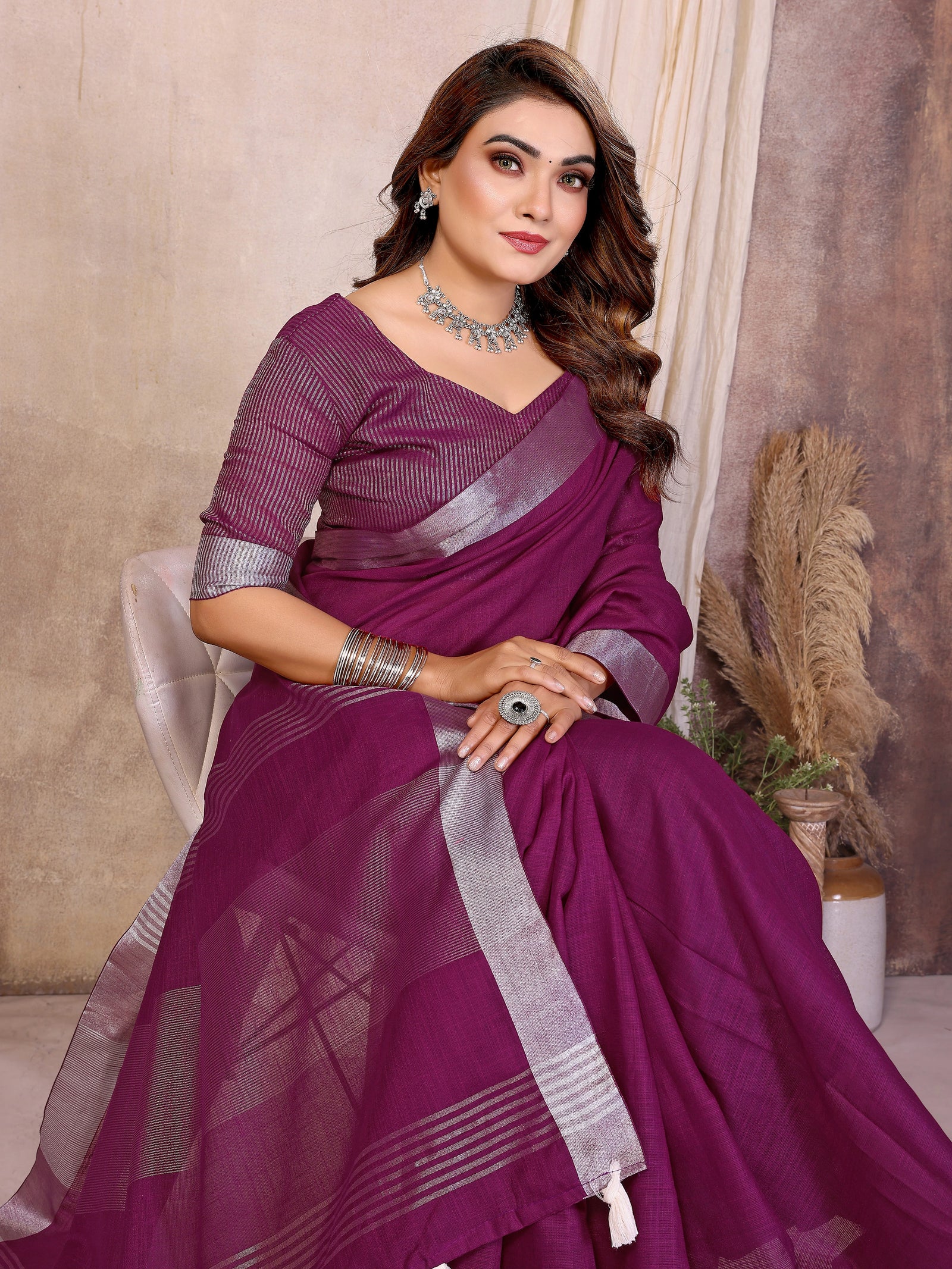 Magenta Zari Border Soft Linen Cotton Saree – Kalyanja