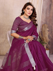 Magenta Zari Border Soft Linen Cotton Saree – Kalyanja