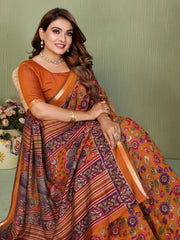 Orange Kalamkari Print Mul Cotton Saree – Kalyanja