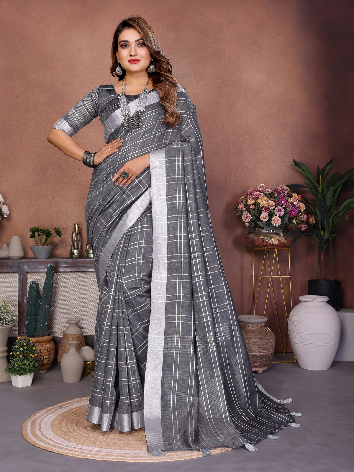 Gray Ached Weaving Soft Linen Saree - kalyanja