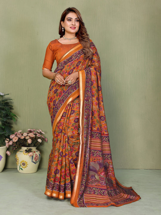 Orange Kalamkari Print Mul Cotton Saree – Kalyanja