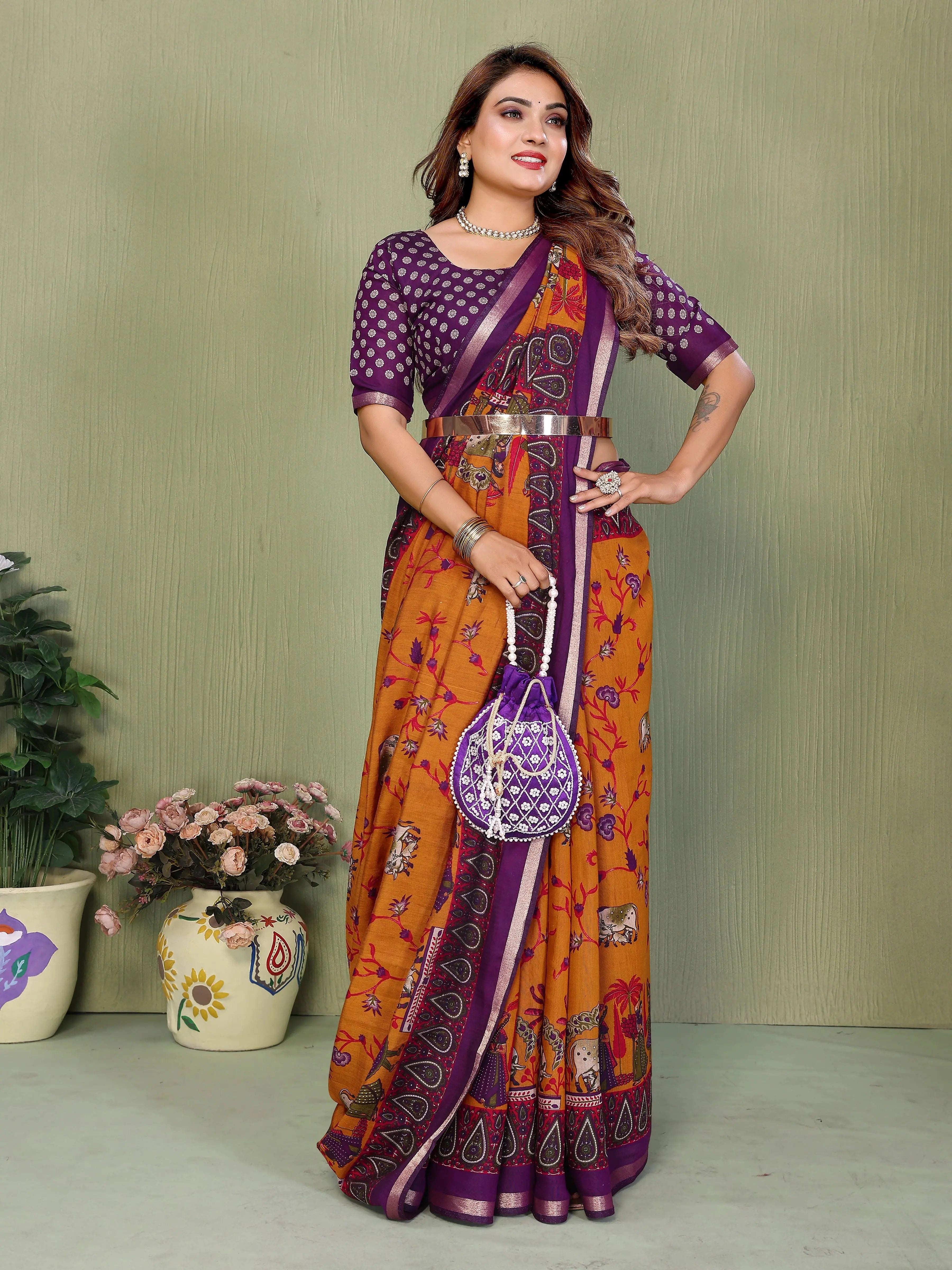 Orange Mul Cotton Kalamkari Print Saree - kalyanja