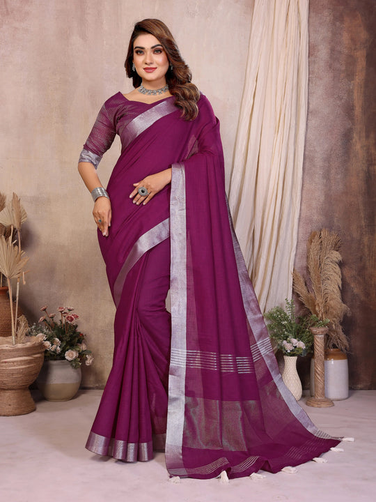 Magenta Zari Border Soft Linen Cotton Saree – Kalyanja