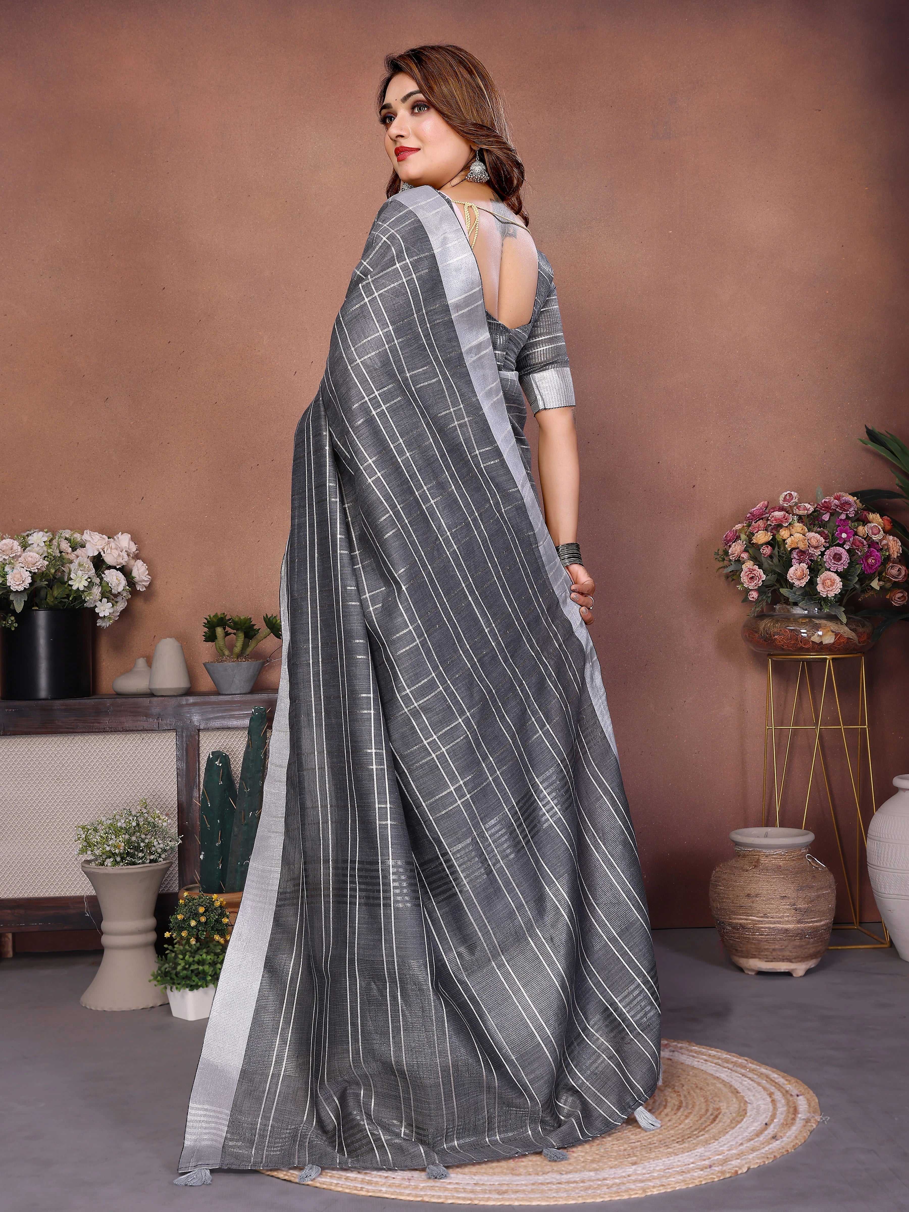 Gray Ached Weaving Soft Linen Saree