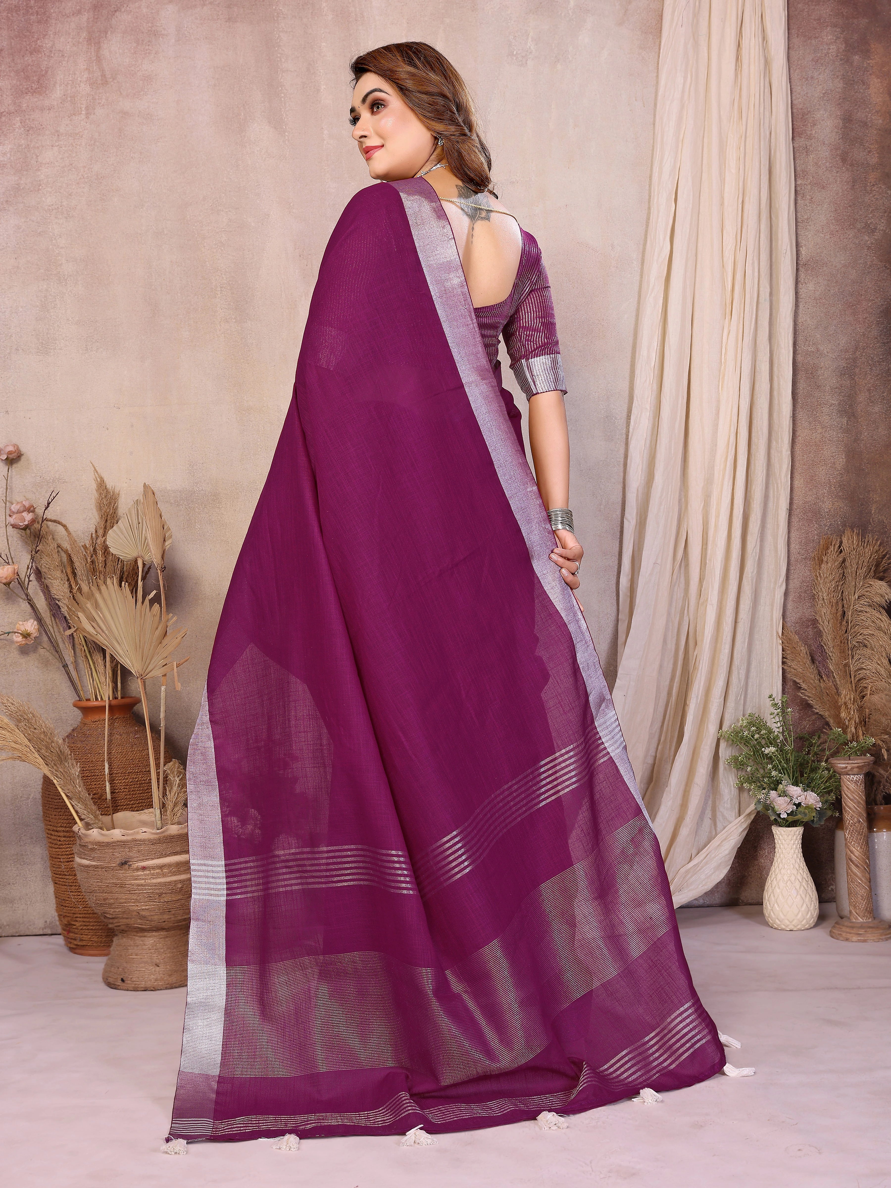 Magenta Zari Border Soft Linen Cotton Saree – Kalyanja