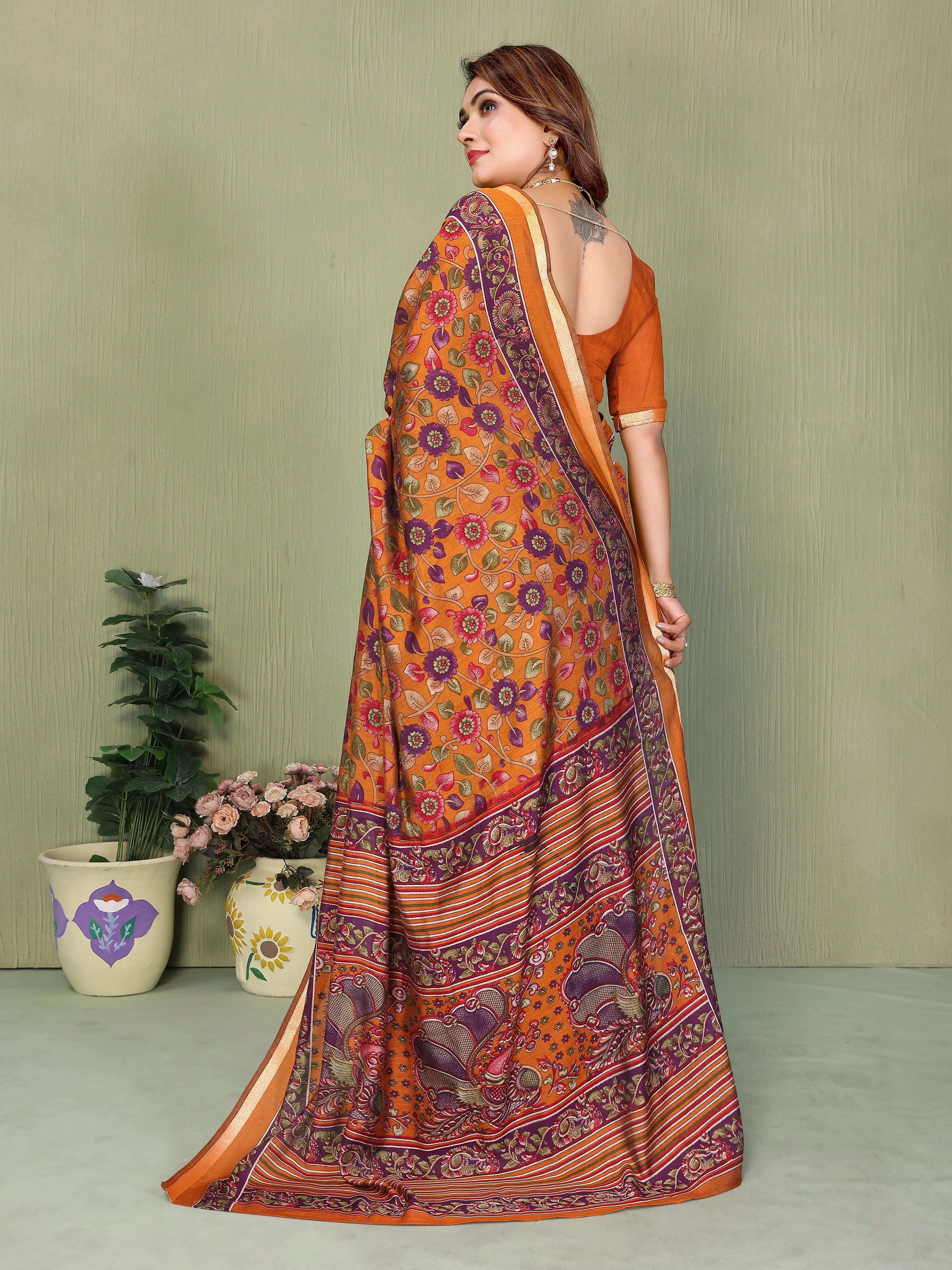 Orange Kalamkari Print Mul Cotton Saree – Kalyanja