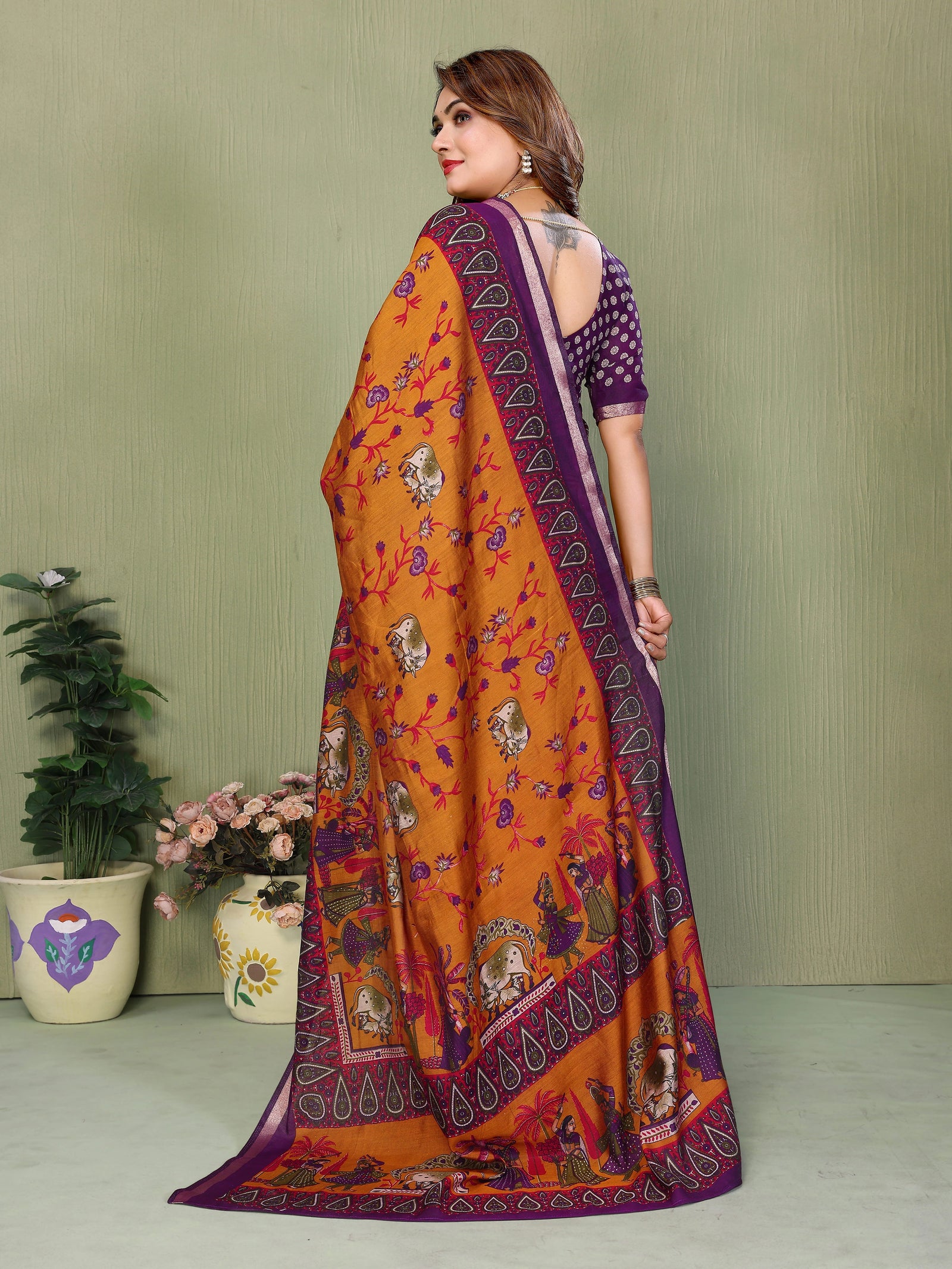 Orange Mul Cotton Kalamkari Print Saree – Kalyanja