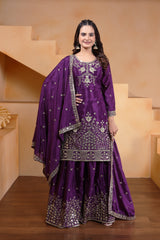 Wine Sequins Embroidery Work Chinon Suit – Kalyanja