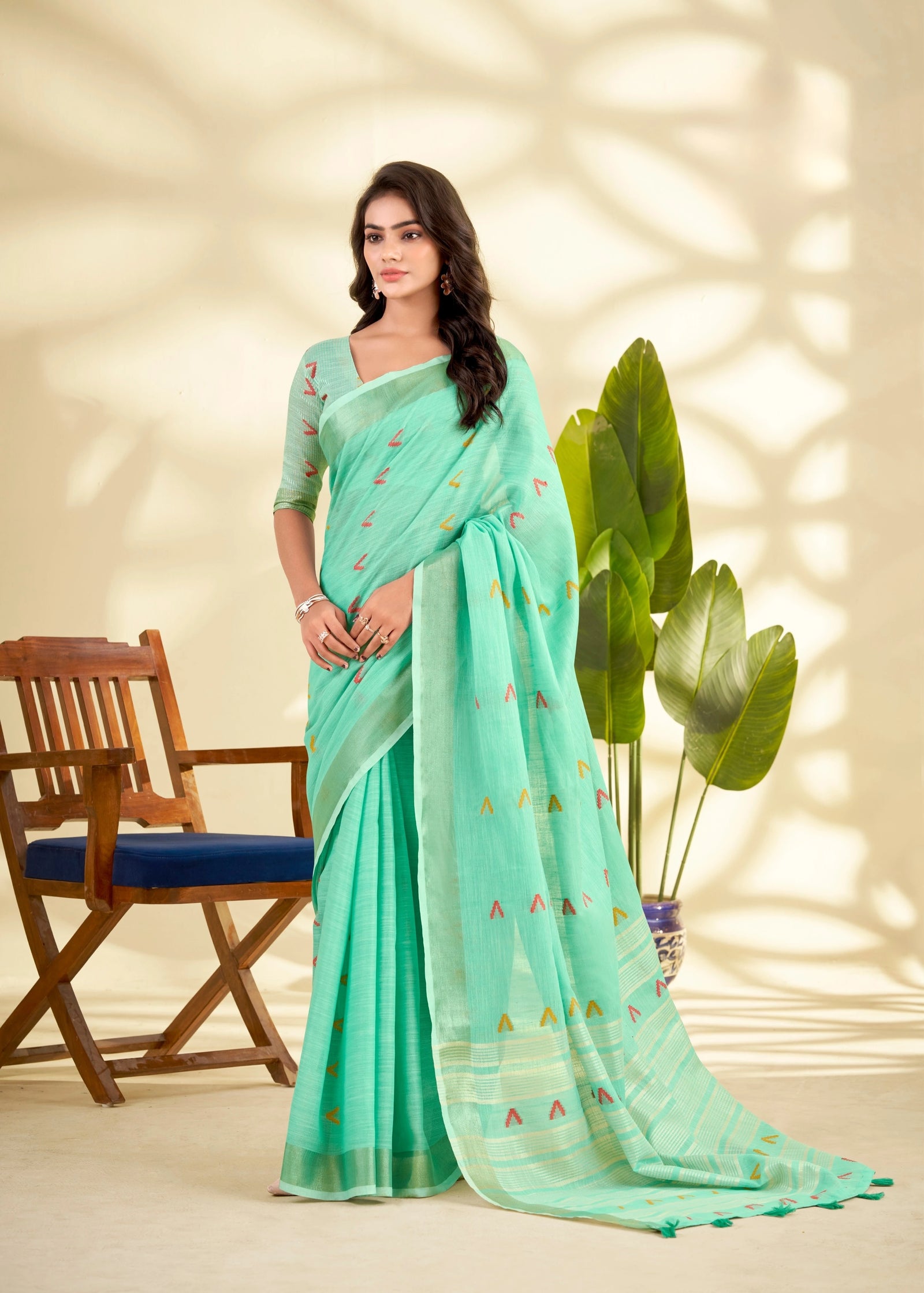 green handloom style weaving linen silk saree - kalyanja