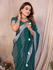 Dark Green Zari Border Soft Linen Cotton Saree – Kalyanja