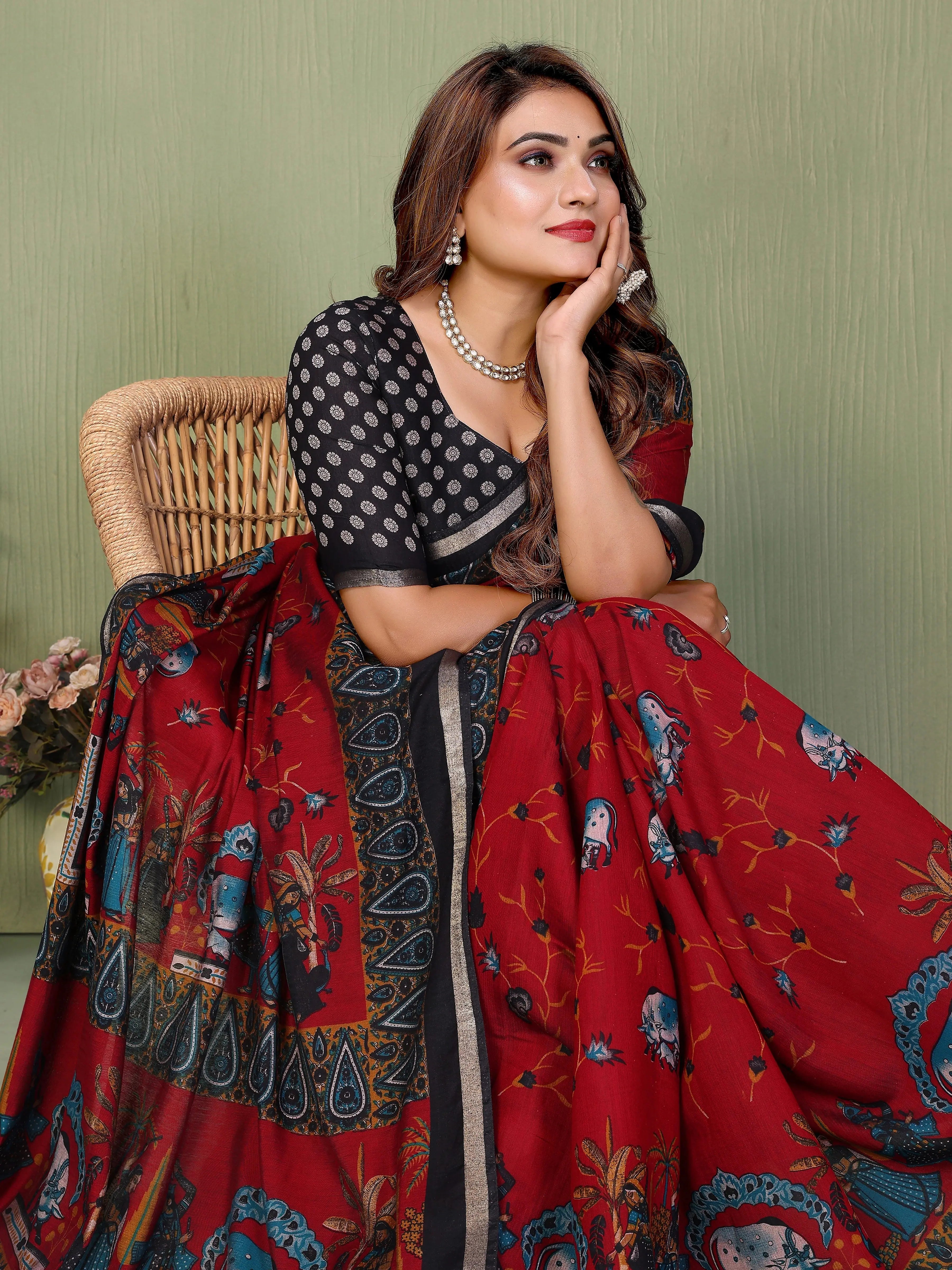 Maroon Mul Cotton Kalamkari Print Saree – Kalyanja