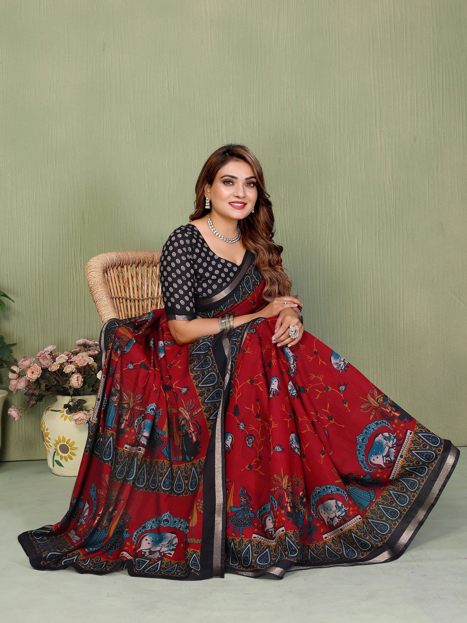 Maroon Mul Cotton Kalamkari Print Saree – Kalyanja