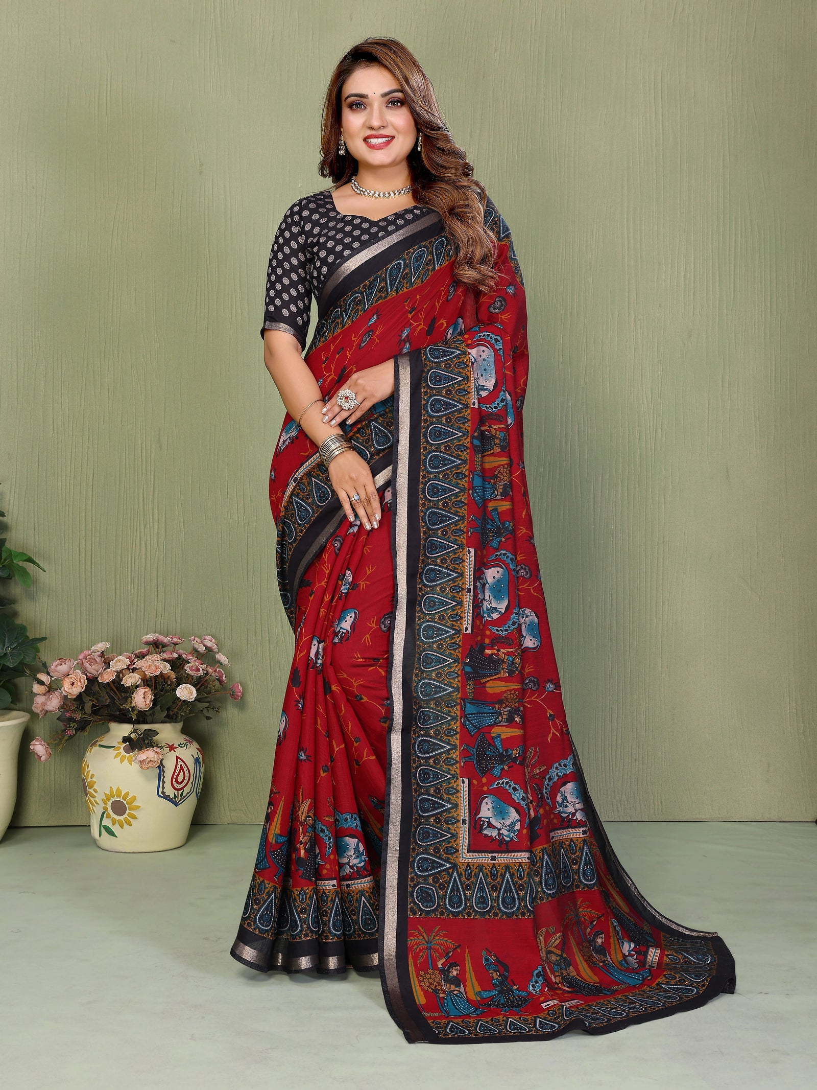 Maroon Mul Cotton Kalamkari Print Saree – Kalyanja