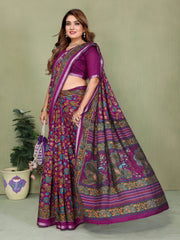 Magenta Kalamkari Print Mul Cotton Saree - kalyanja
