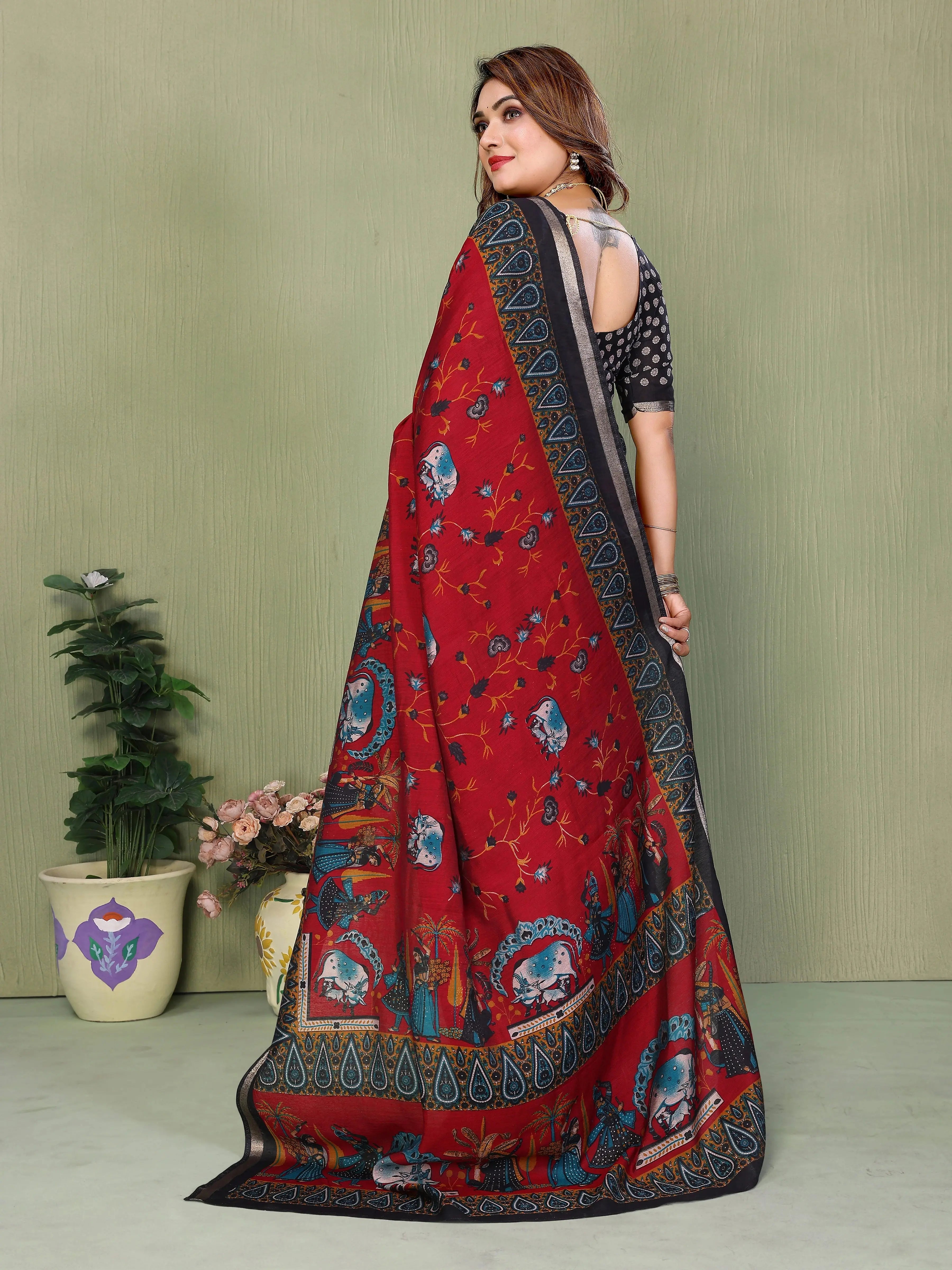 Maroon Mul Cotton Kalamkari Print Saree – Kalyanja