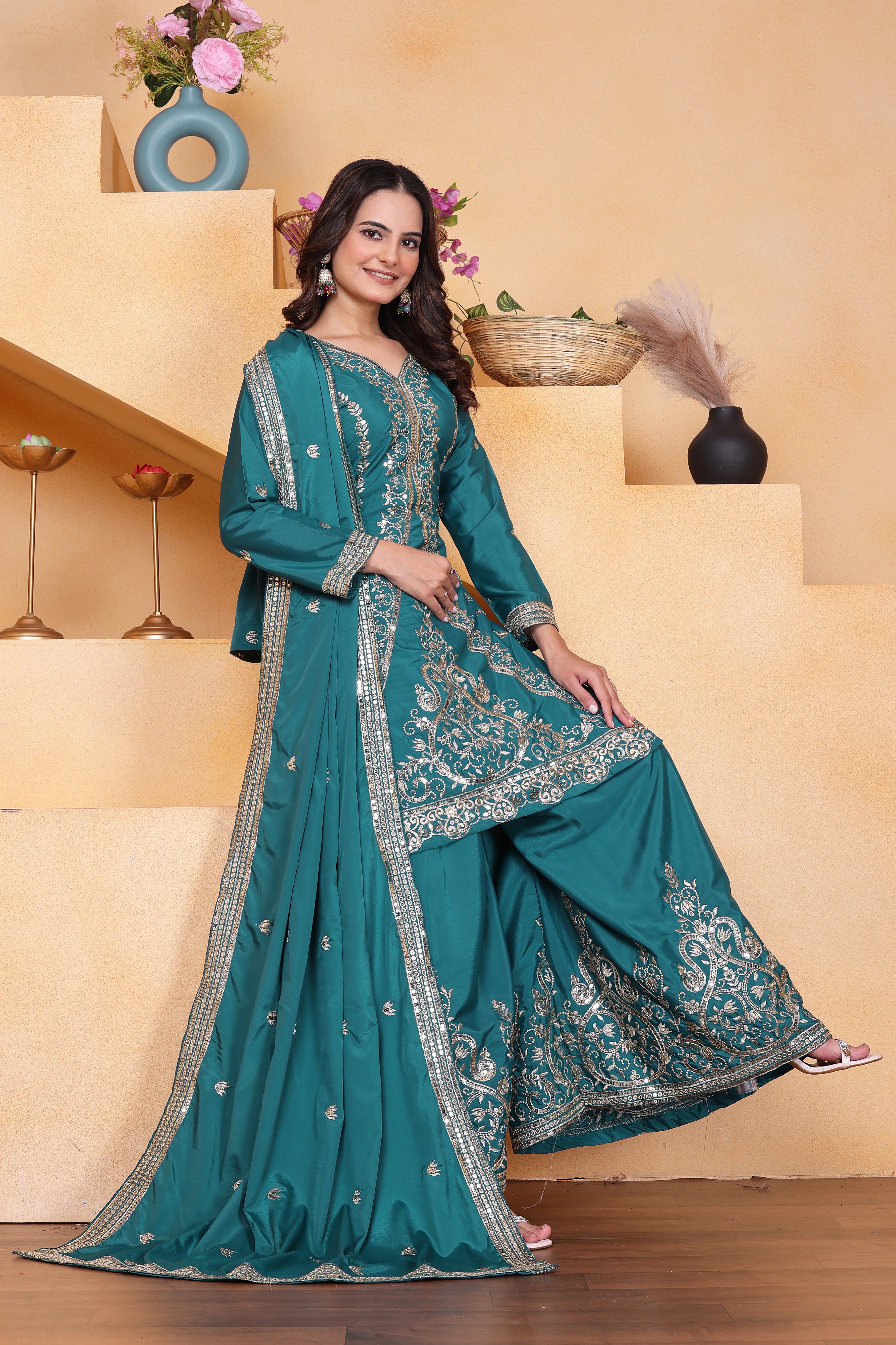 Rama Blue Sequins Embroidery Work Natural Crepe Suit