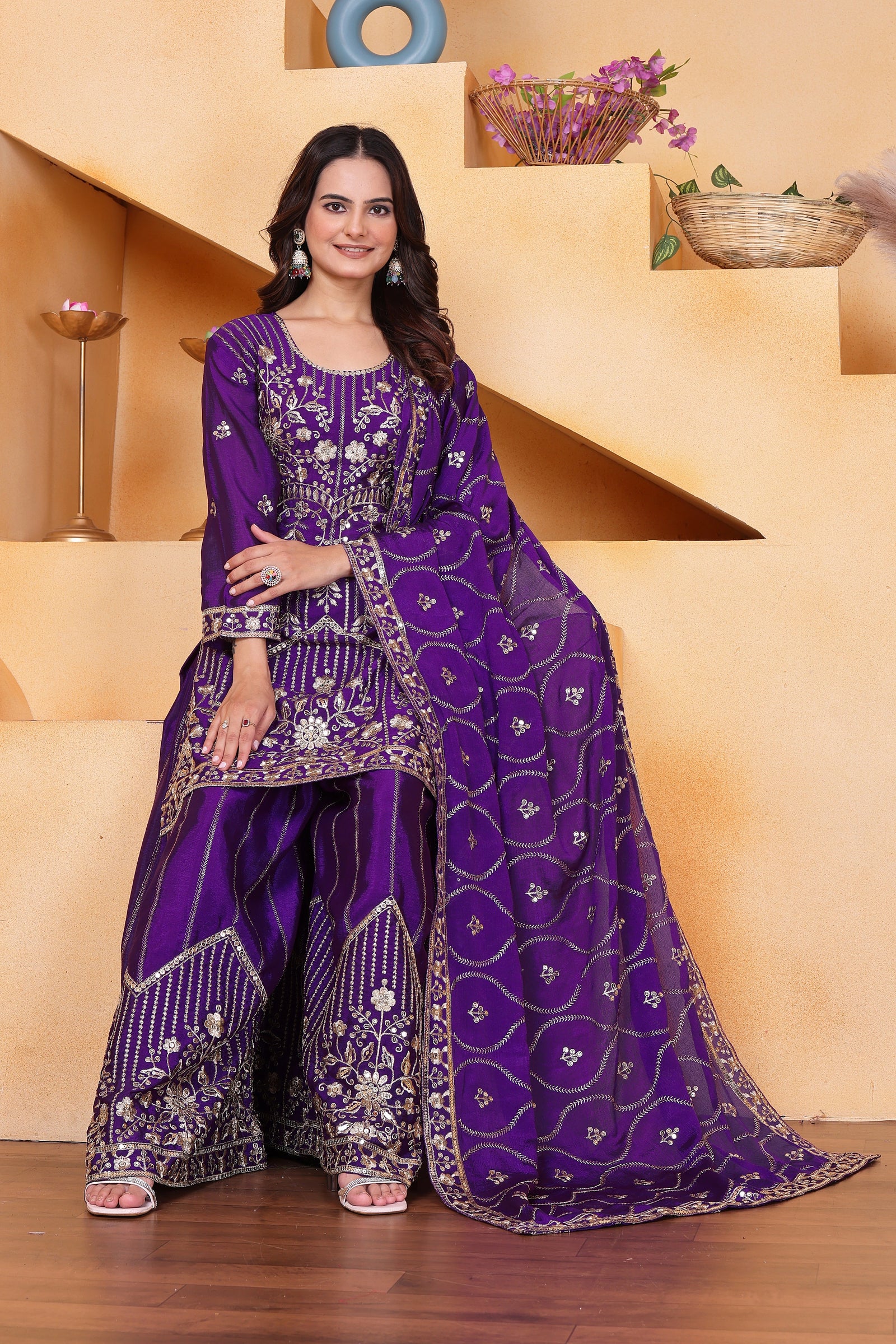 Purple Sequins Embroidery Work Chinon Silk Suit - kalyanja
