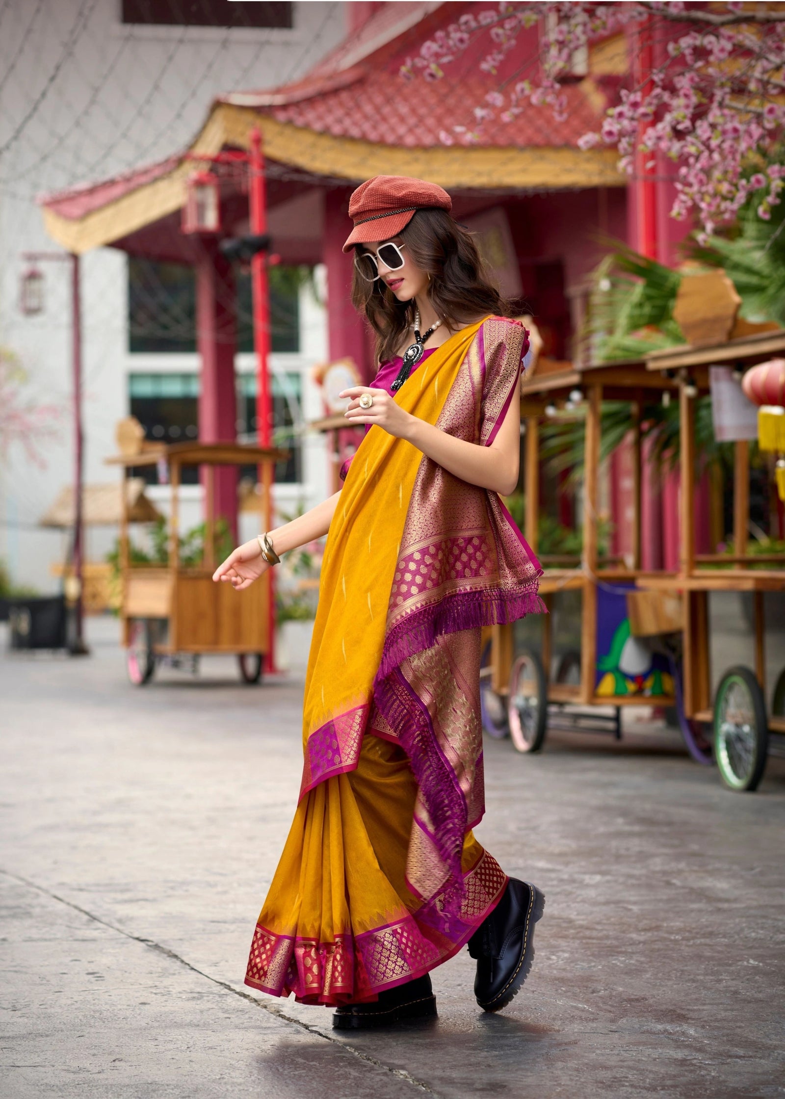 yellow banarasi silk zari weaving saree