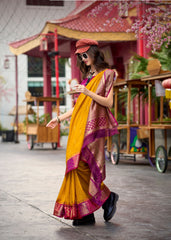yellow banarasi silk zari weaving saree