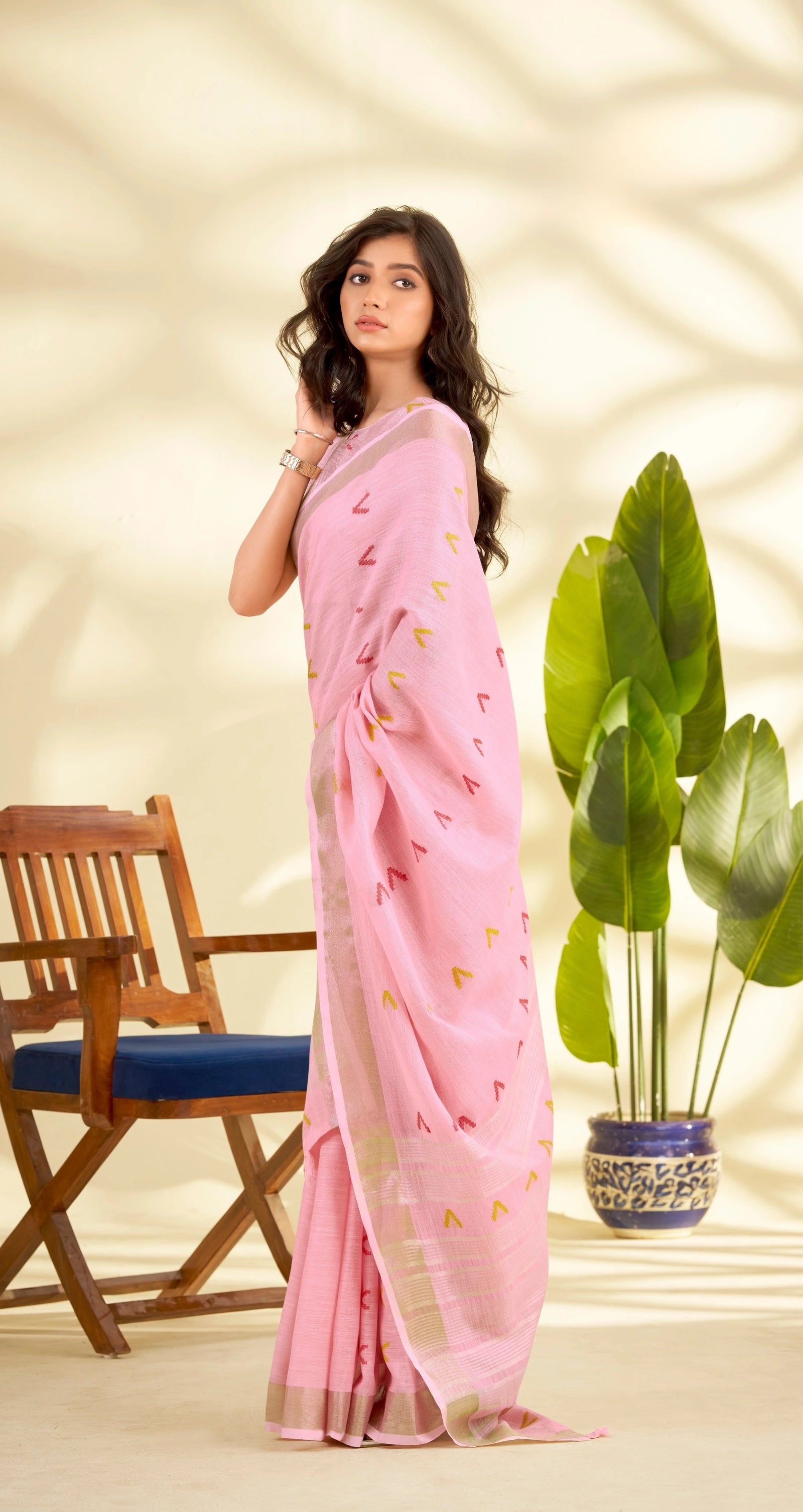 pink handloom style weaving linen silk saree - kalyanja