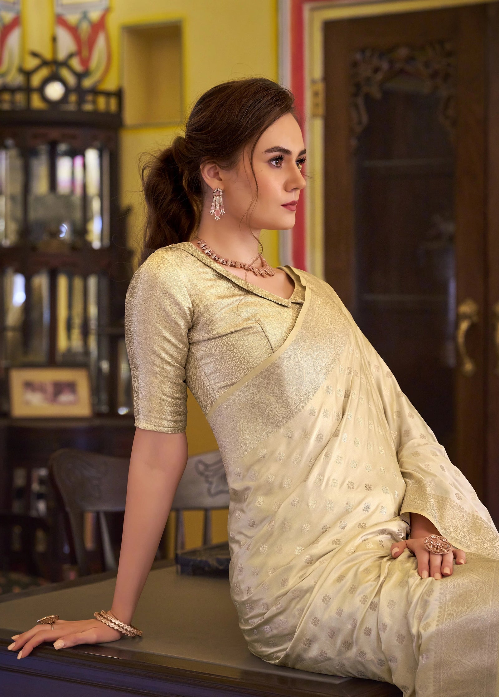 Beige Embroidery Work Satin Banarasi Silk Saree Agarwal Saree