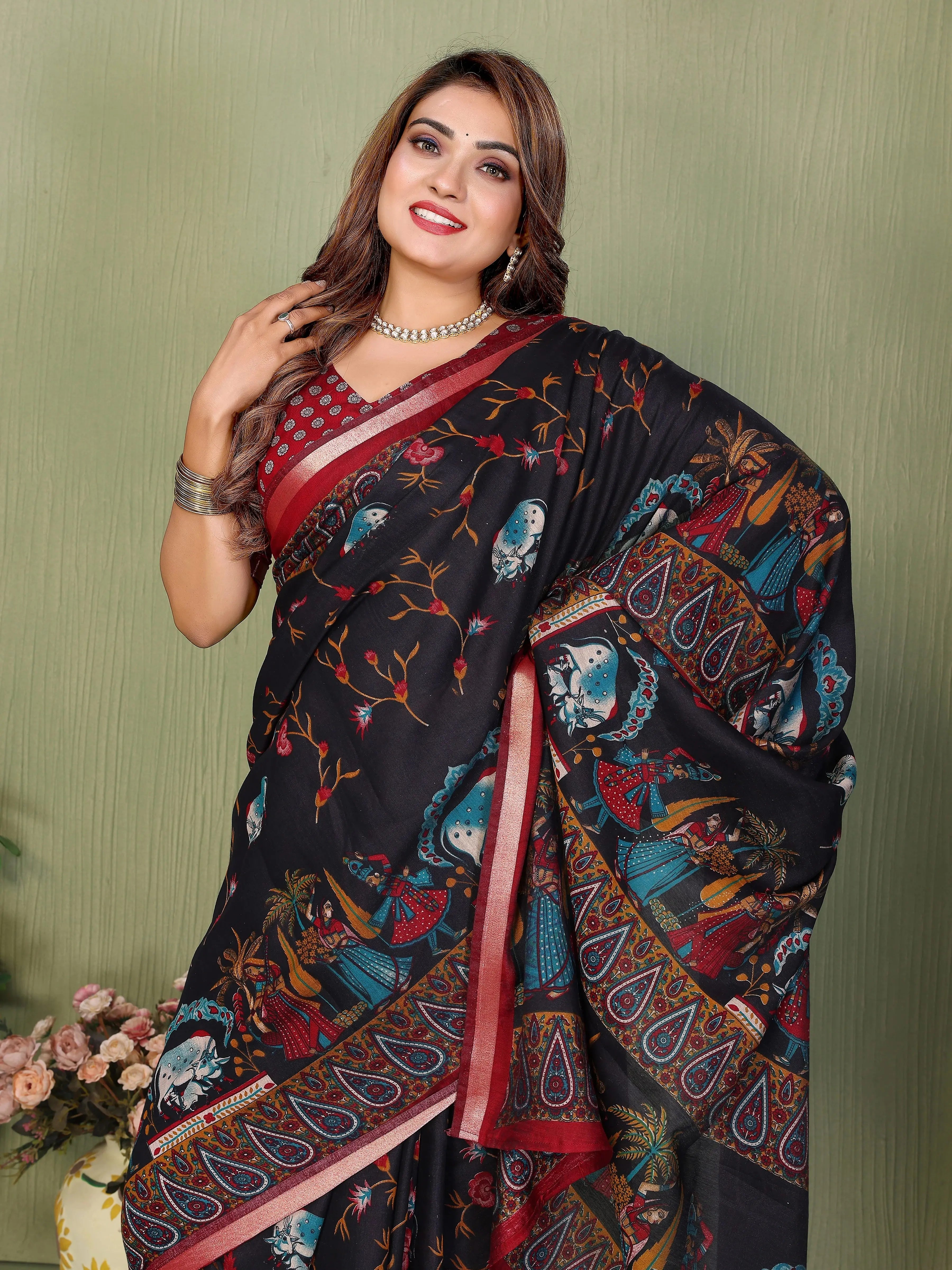 Black and maroon Kalamkari print Mul cotton saree – Kalyanja.