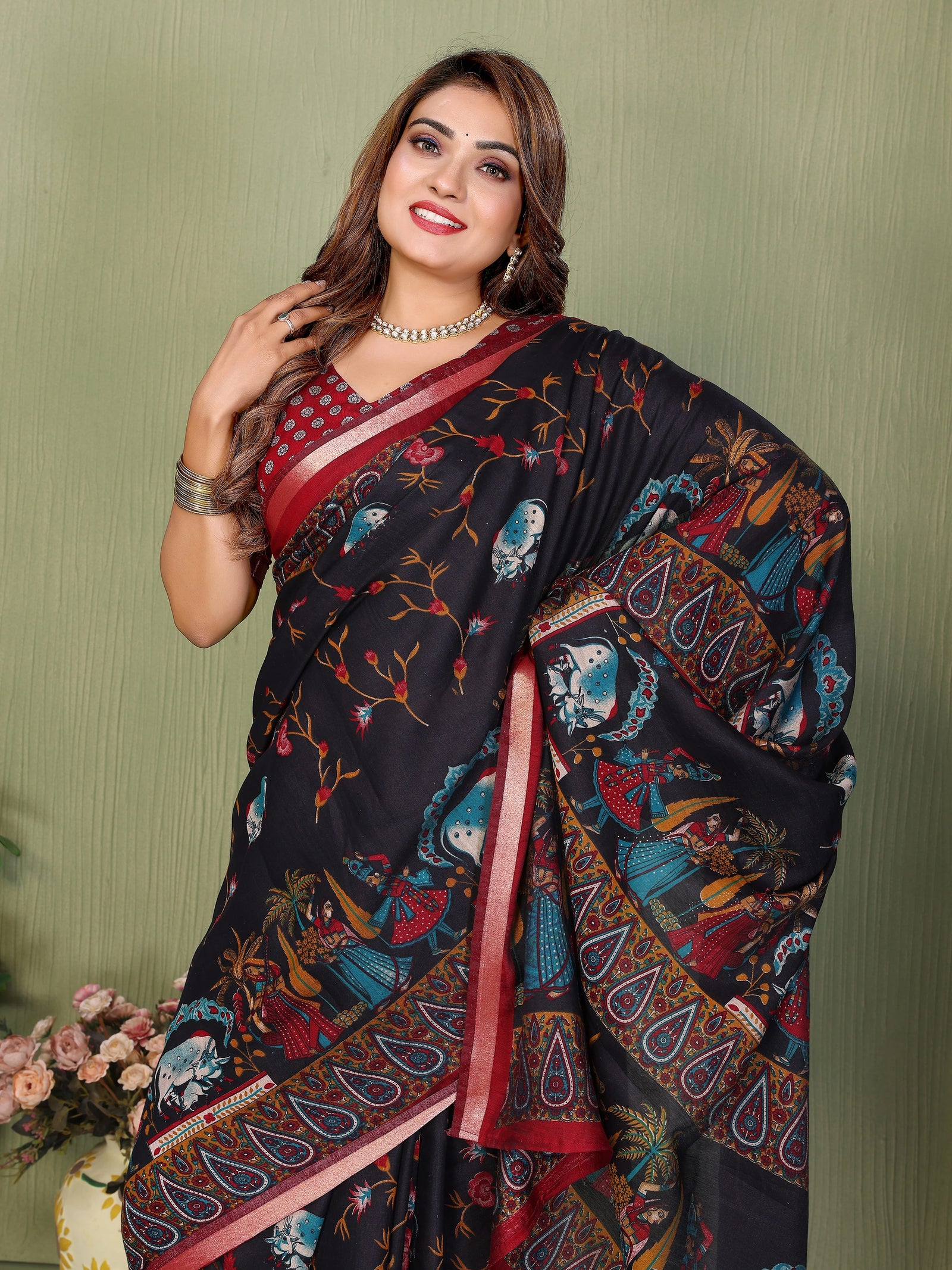 Black and maroon Kalamkari print Mul cotton saree – Kalyanja.
