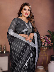 Black Ached Weaving Soft Linen Saree - kalyanja