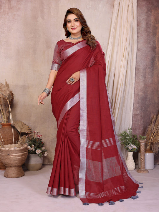 Maroon Zari Border Soft Linen Cotton Saree - kalyanja