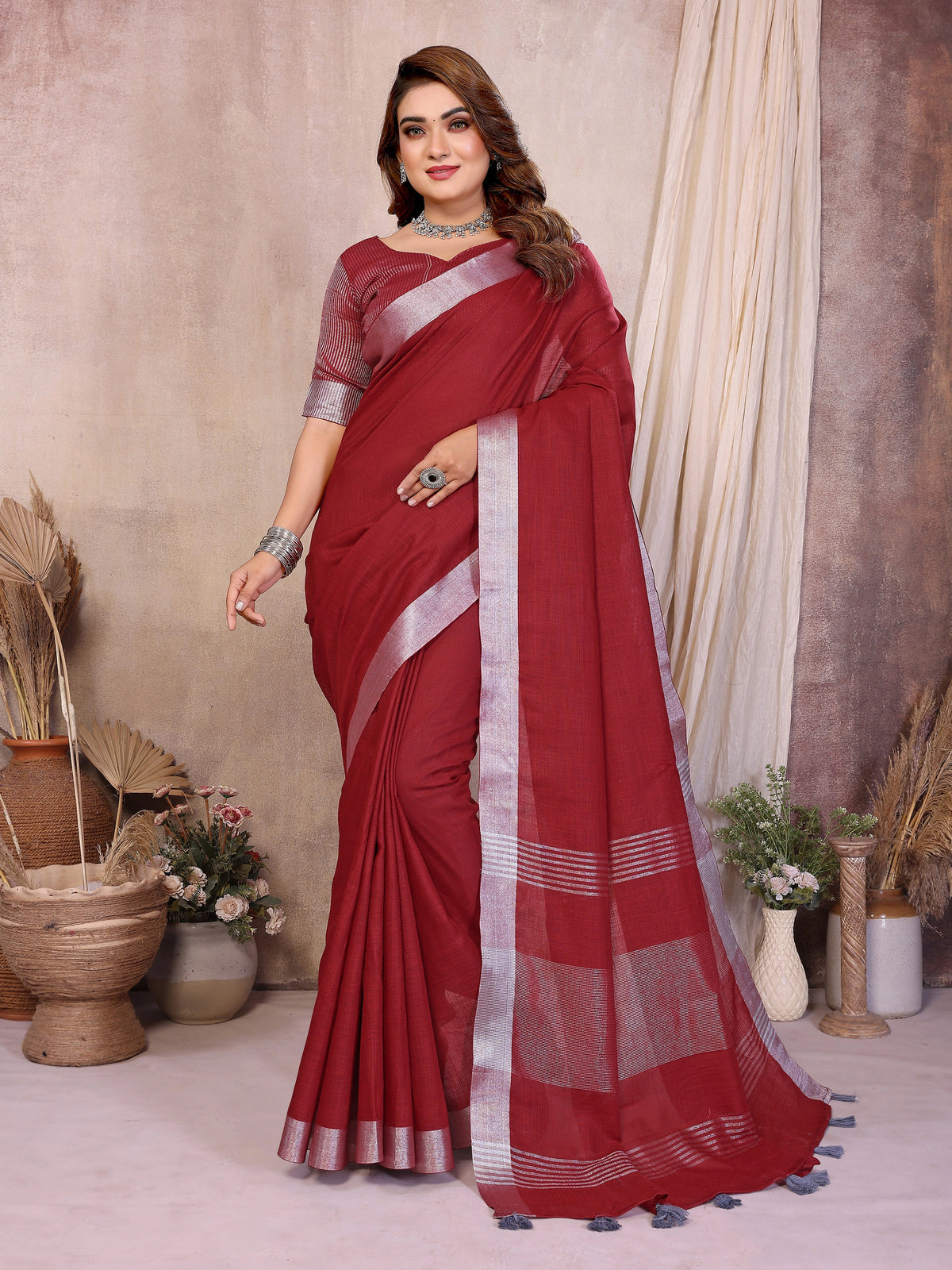 Maroon Zari Border Soft Linen Cotton Saree