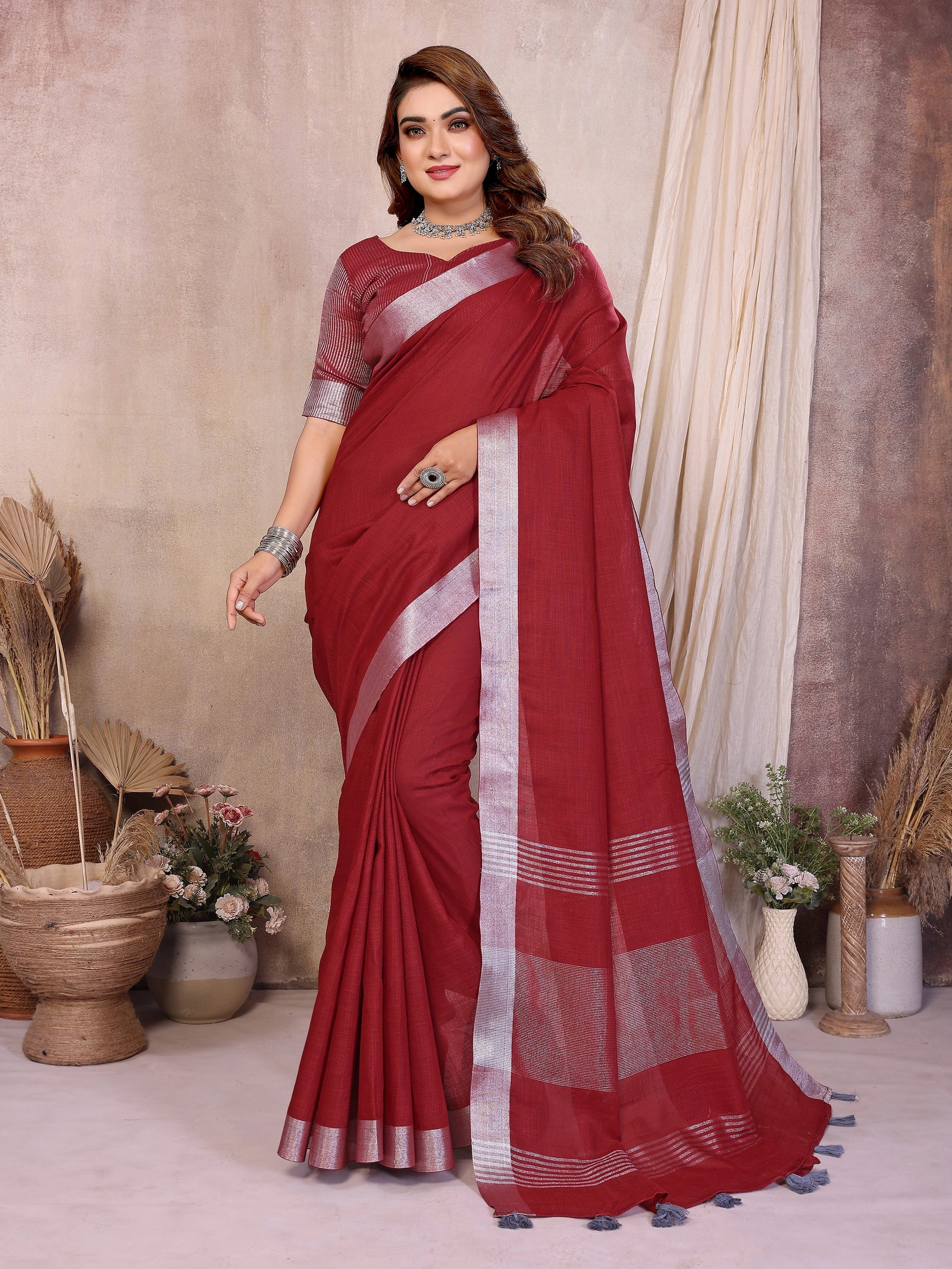 Maroon Zari Border Soft Linen Cotton Saree - kalyanja