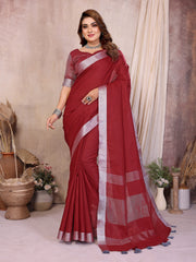 Maroon Zari Border Soft Linen Cotton Saree - kalyanja