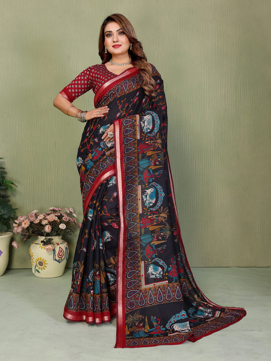 Black and maroon Kalamkari print Mul cotton saree – Kalyanja.
