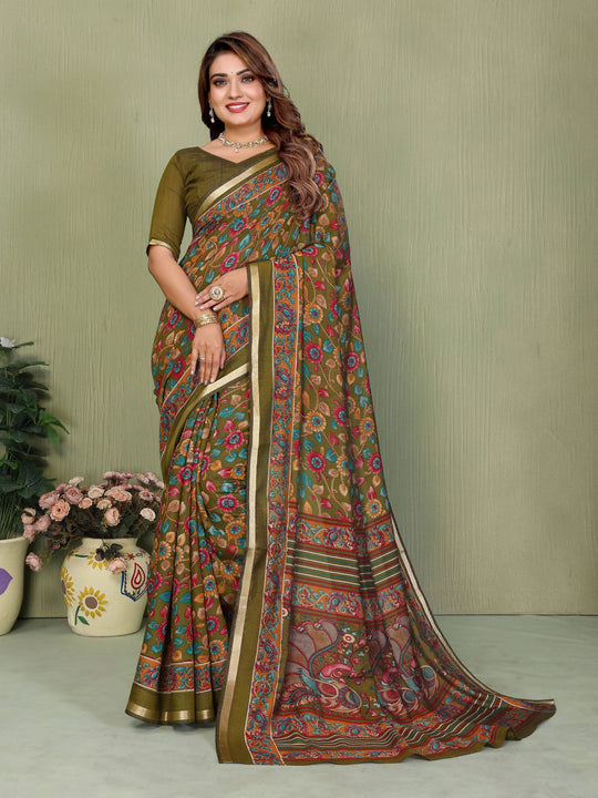 Mehendi Kalamkari Print Mul Cotton Saree – Kalyanja