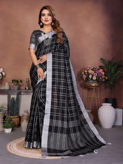 Black Ached Weaving Soft Linen Saree - kalyanja