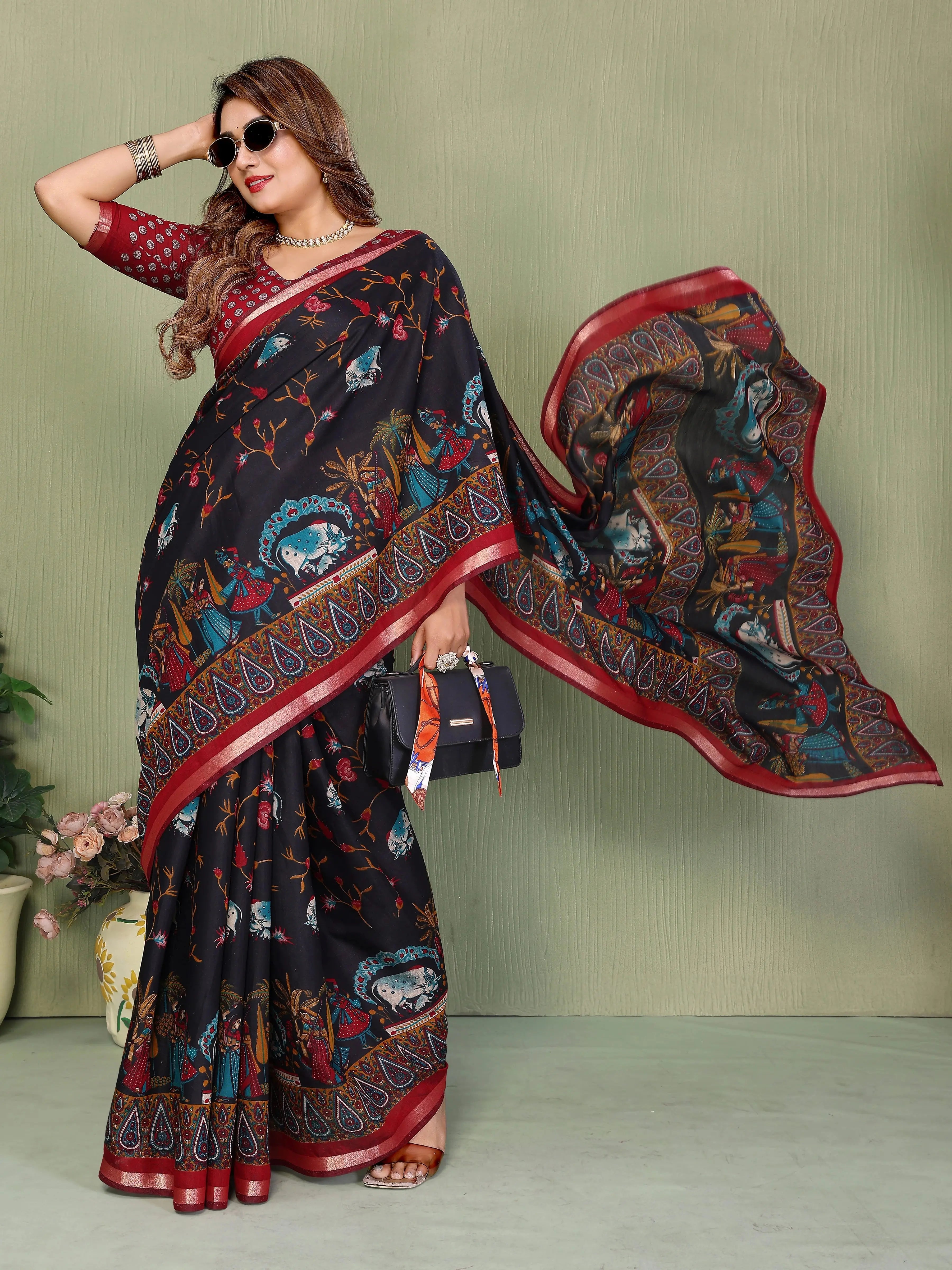 Black and maroon Kalamkari print Mul cotton saree – Kalyanja.