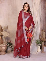 Maroon Zari Border Soft Linen Cotton Saree - kalyanja
