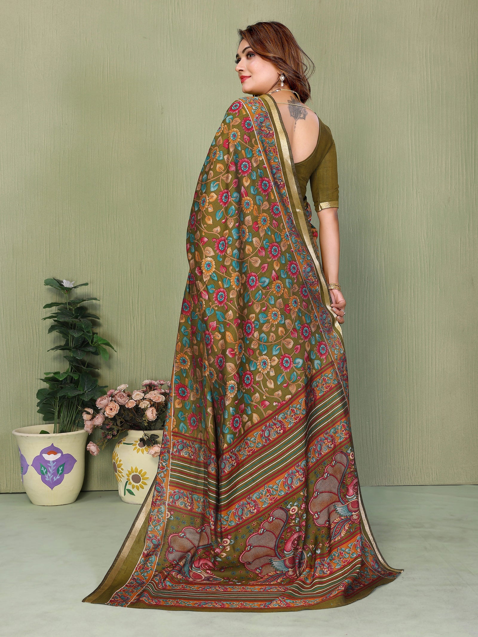Mehendi Kalamkari Print Mul Cotton Saree – Kalyanja