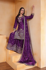 Wine Sequins Embroidery Work Chinon Suit – Kalyanja