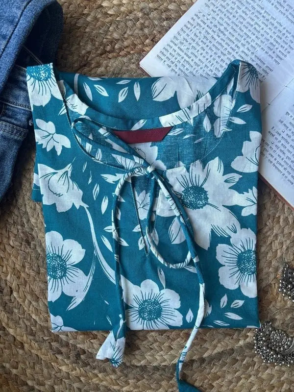 Teal floral bell sleeve kurti – Kalyanja.