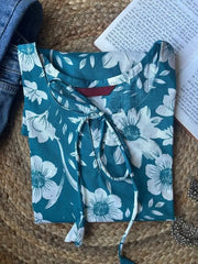 Teal floral bell sleeve kurti – Kalyanja.