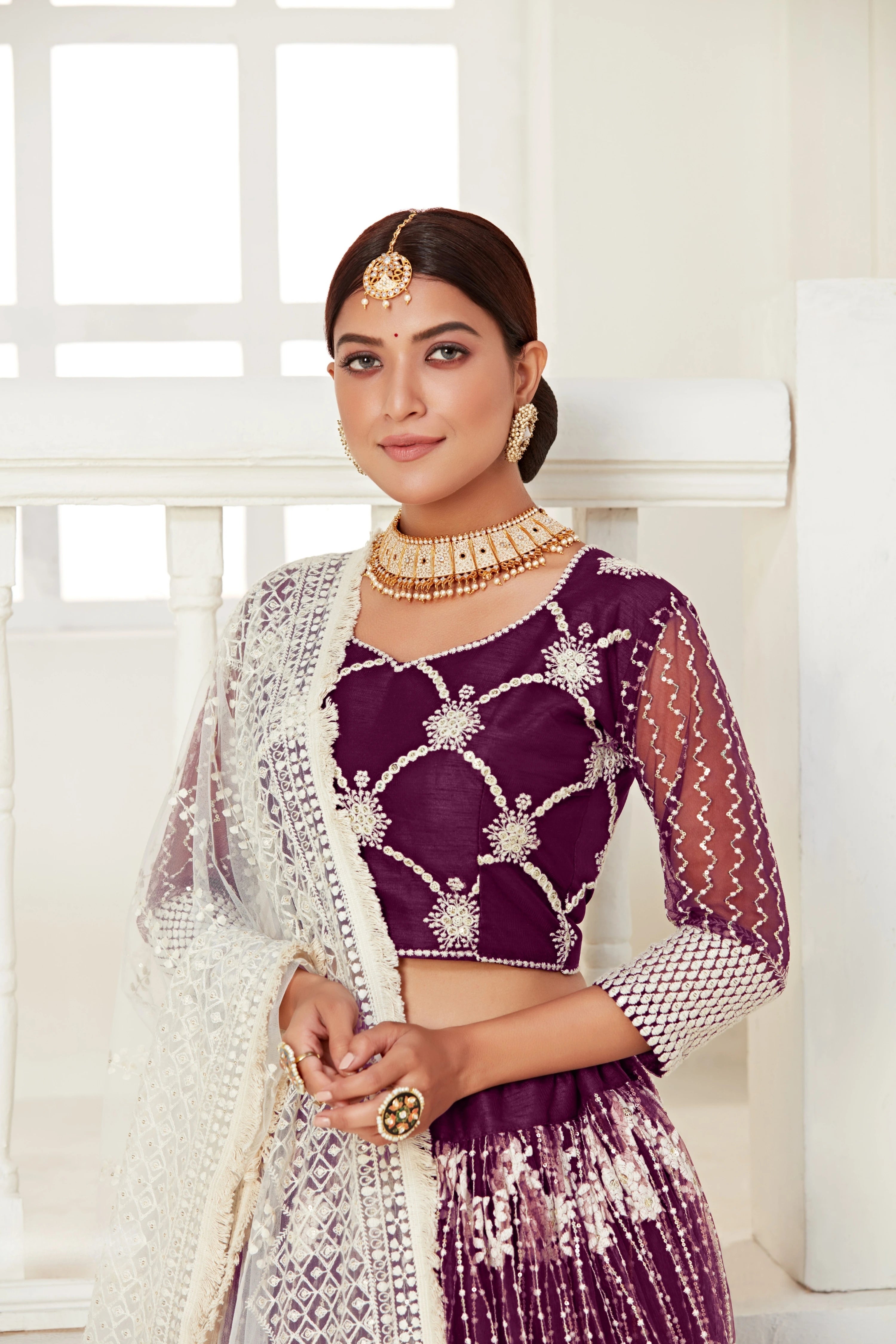 Wine Sequins Butterfly Net Lehenga