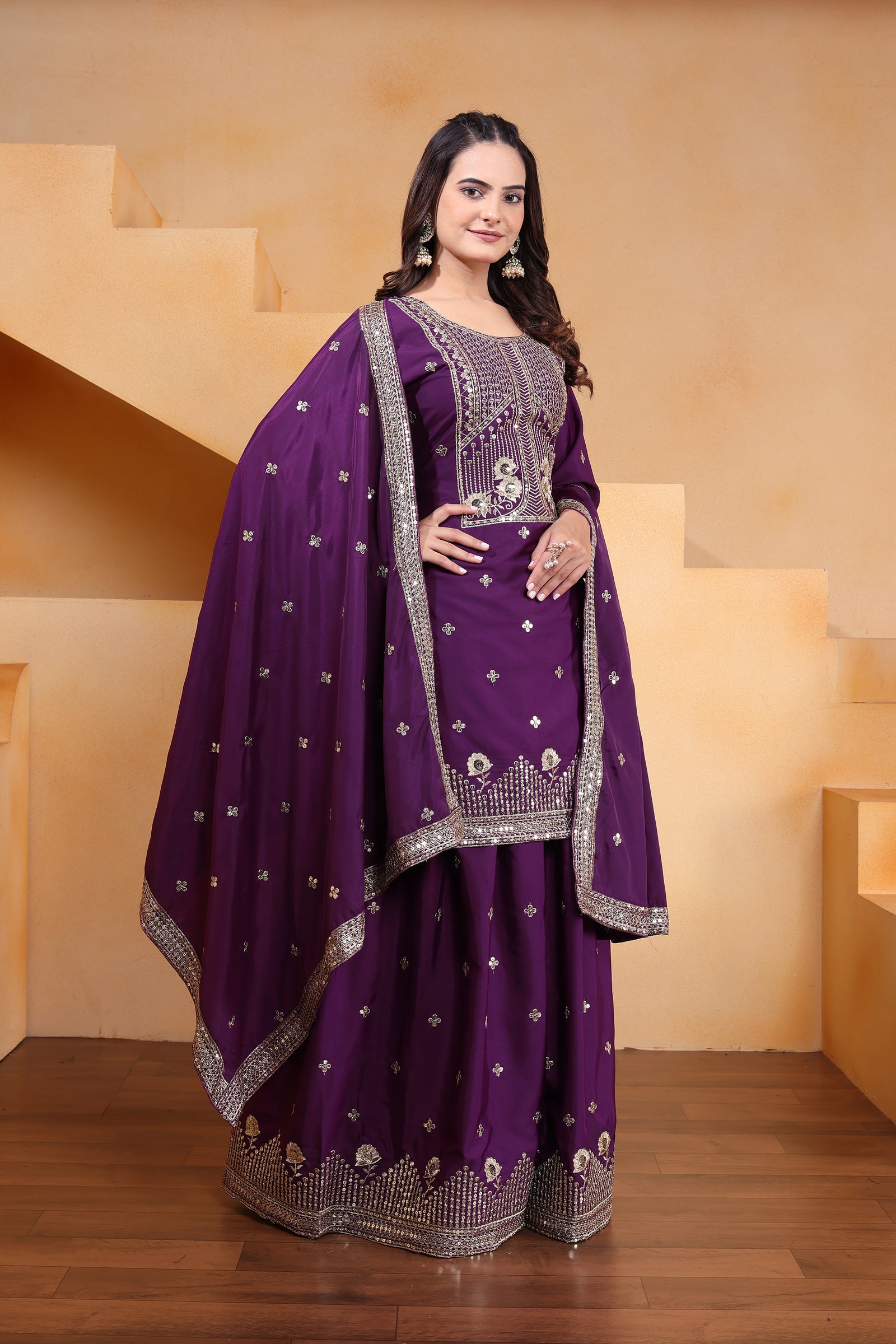 Deep Purple Sequins Embroidery Work Natural Crep Suit - kalyanja