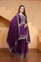 Deep Purple Sequins Embroidery Work Natural Crep Suit - kalyanja