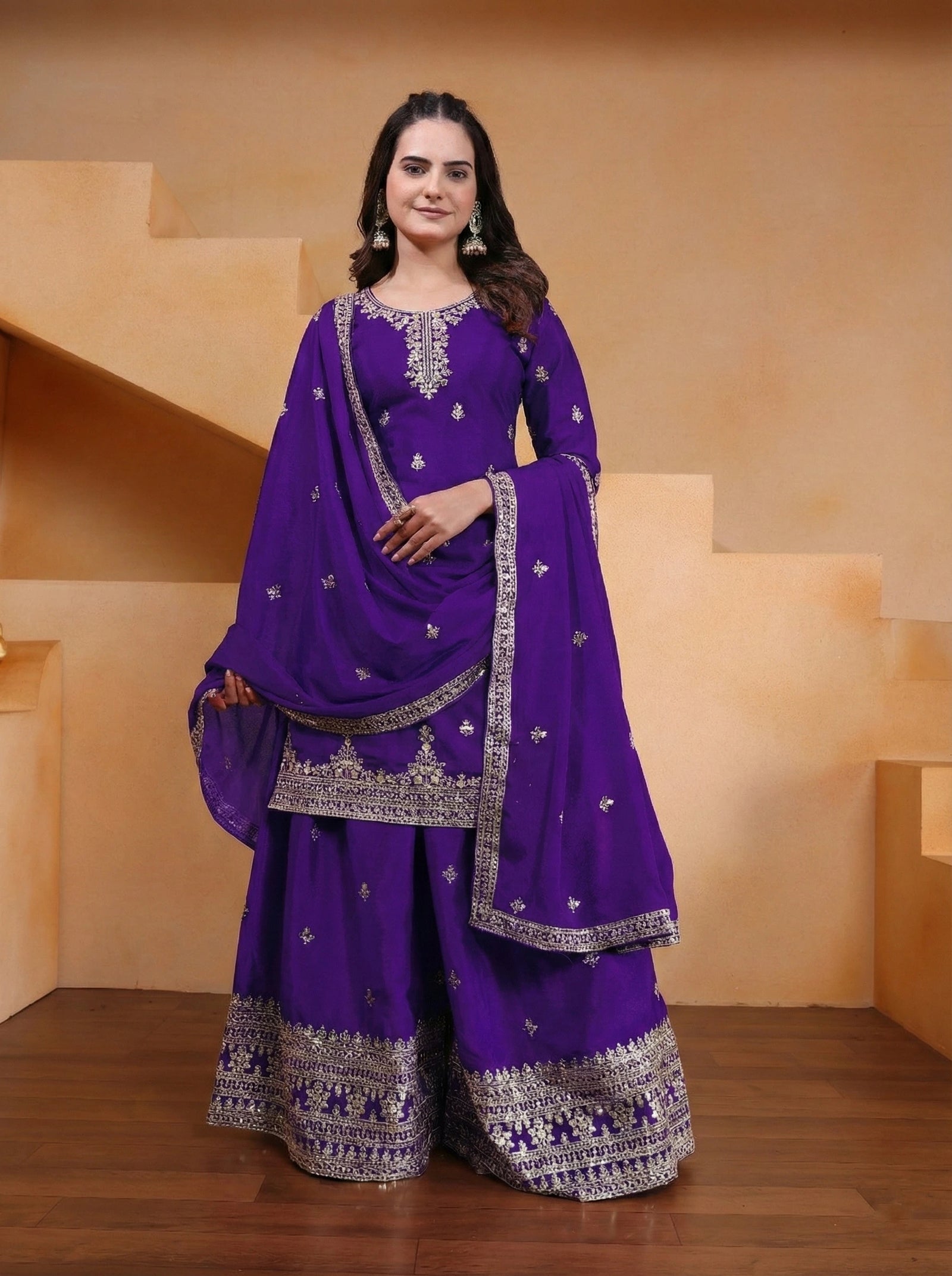 soft purple sequins embroidered chinon suit