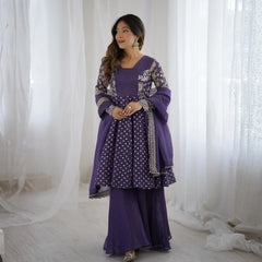 Lavender Embroidery Sequin Work Crunchy Silk Suit - kalyanja