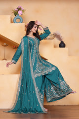 Rama Blue Sequins Embroidery Work Natural Crepe Suit - kalyanja