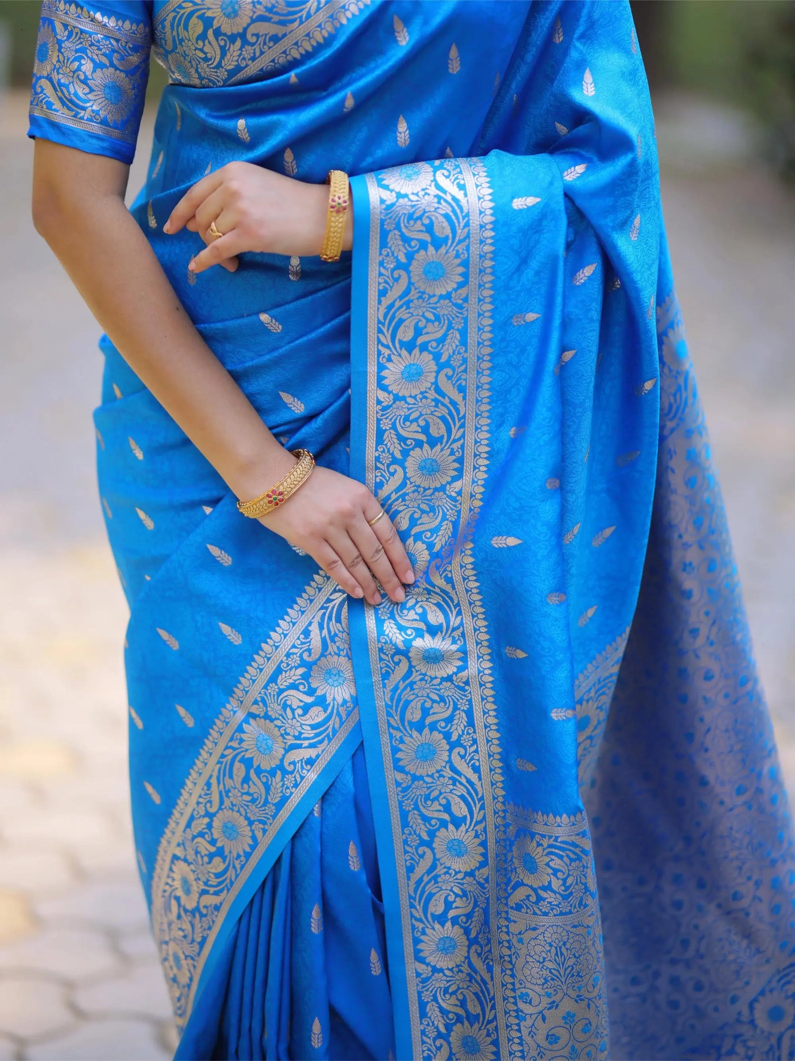 bright blue Banarasi art silk saree