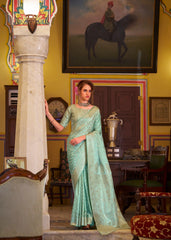 Sky Blue Embroidery Work Satin Banarasi Silk Saree