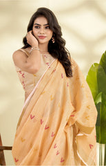 orange handloom style weaving linen silk saree - kalyanja